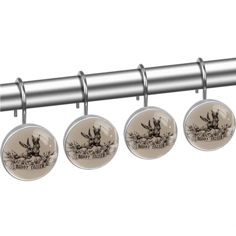 Vintage Happy Easter Rabbits Bunny Shower Curtain Hooks Stainless Steel - 12pcs